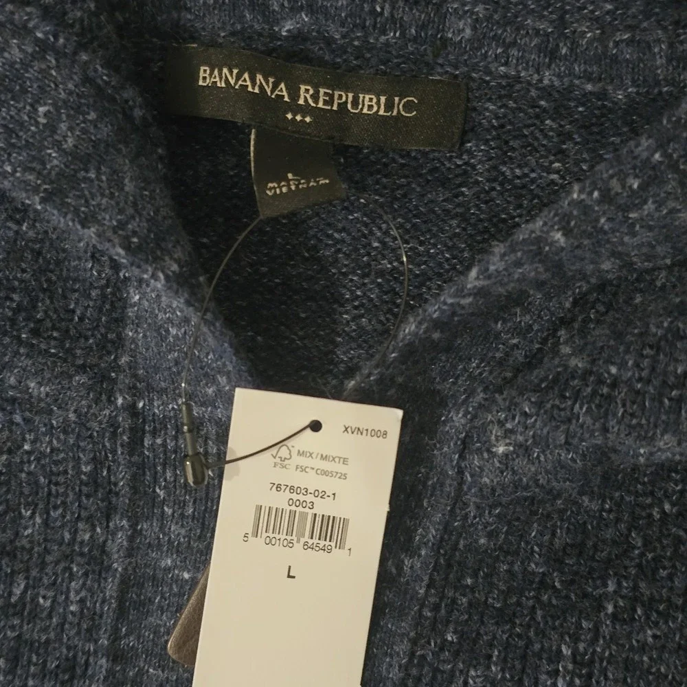 Banana Republic Hooded Sweater L Wool Blend Quarter Zip Blue Marled Casual